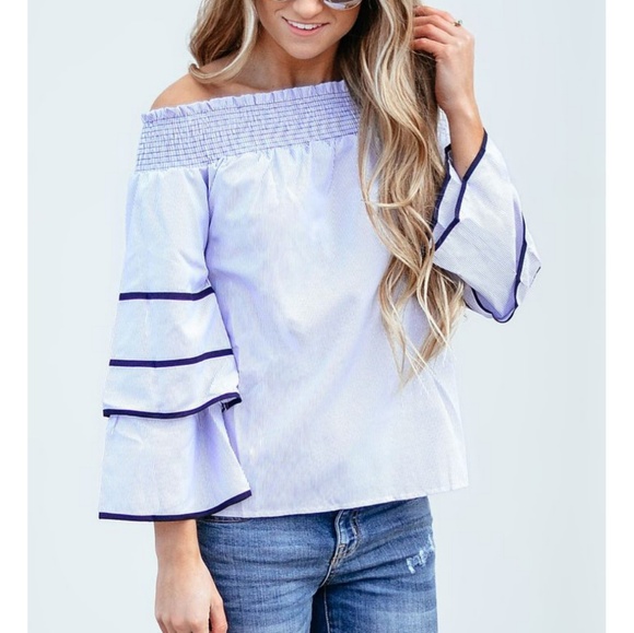 Tops - Navy Shirred Off the Shoulder Top